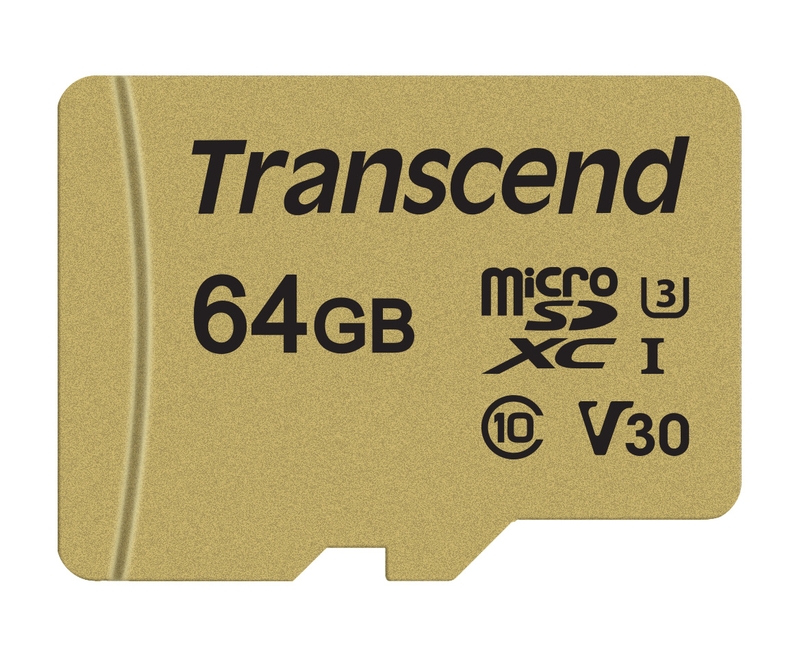 Transcend 64GB microSDXC 500S UHS-I U3 V30 (Class 10) MLC paměťová karta (s adaptérem), 95MB/s R, 60MB/s W TS64GUSD500S