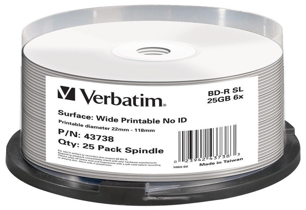 VERBATIM BD-R Blu-Ray SL 25GB/ 6x/ WIDE printable/ 25pack/ spindle 43738