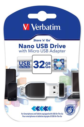 Verbatim USB flash disk, 2.0, 32GB, Nano Store ,N, Stay, OTG adaptér (micro USB), čierny, 49822