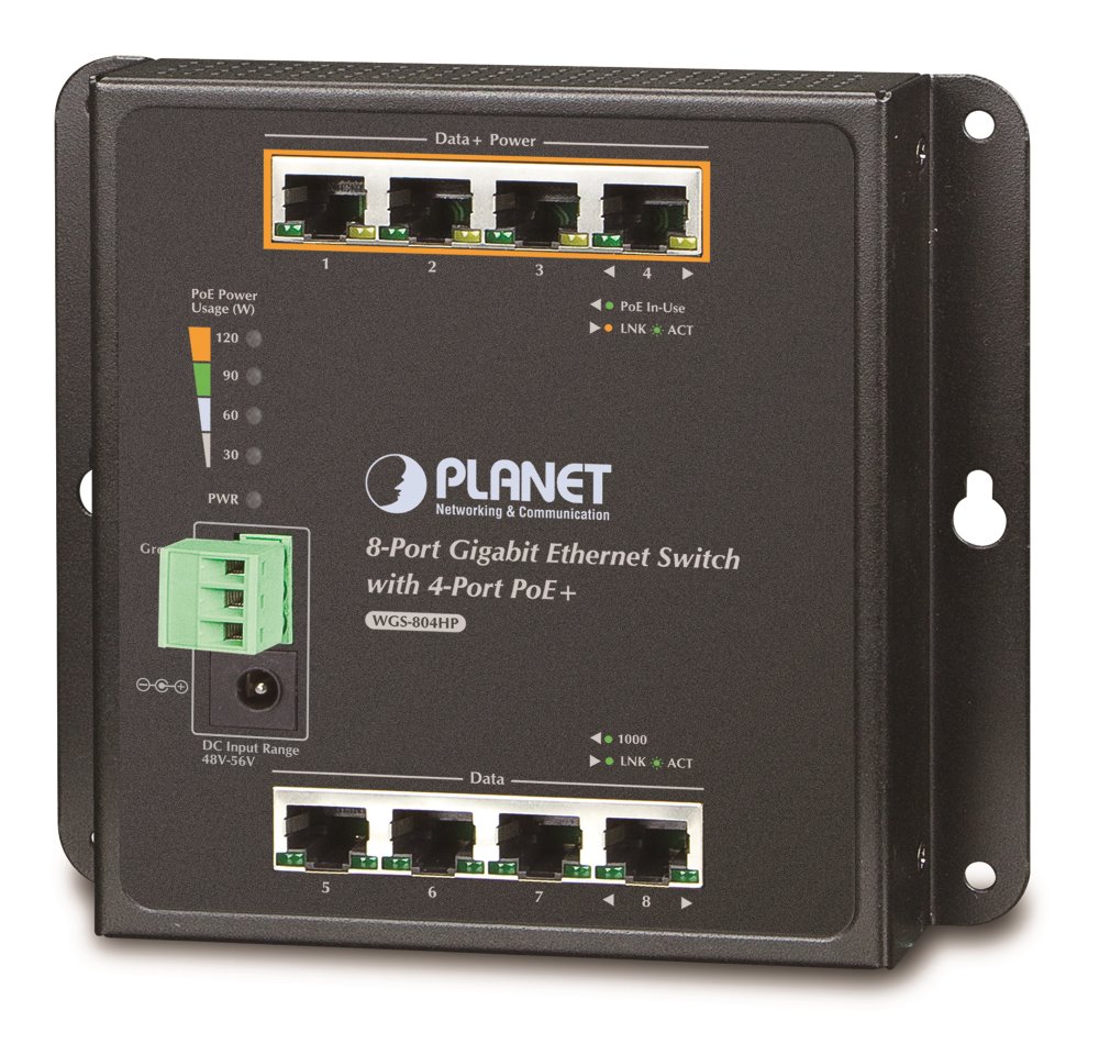 WGS-804HP nástěnný PoE switch 8x1000B-T, 4x PoE IEEE 802.3at <120W, DIN, kov IP30, ESD+EFT, fanless