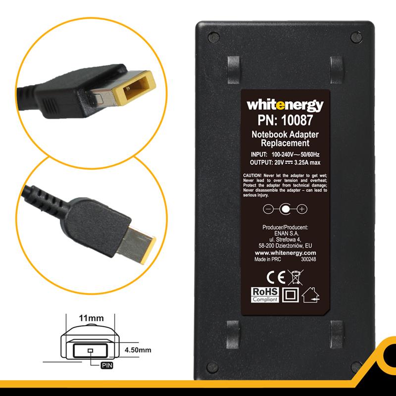 Whitenergy napájecí zdroj 20V/3.25A 65W konektor 11x4.5x0.6mm Lenovo 10087